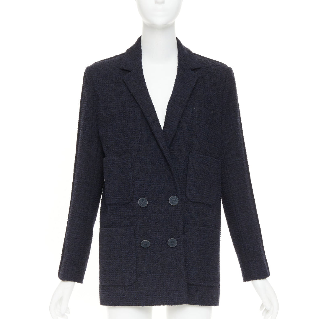 CHANEL navy cotton tweed boucle four pocket double breasted jacket FR40 M