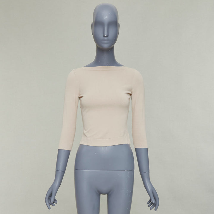 ALAIA light nude viscose blend cropped sleeved bateau neck sweater FR36 S