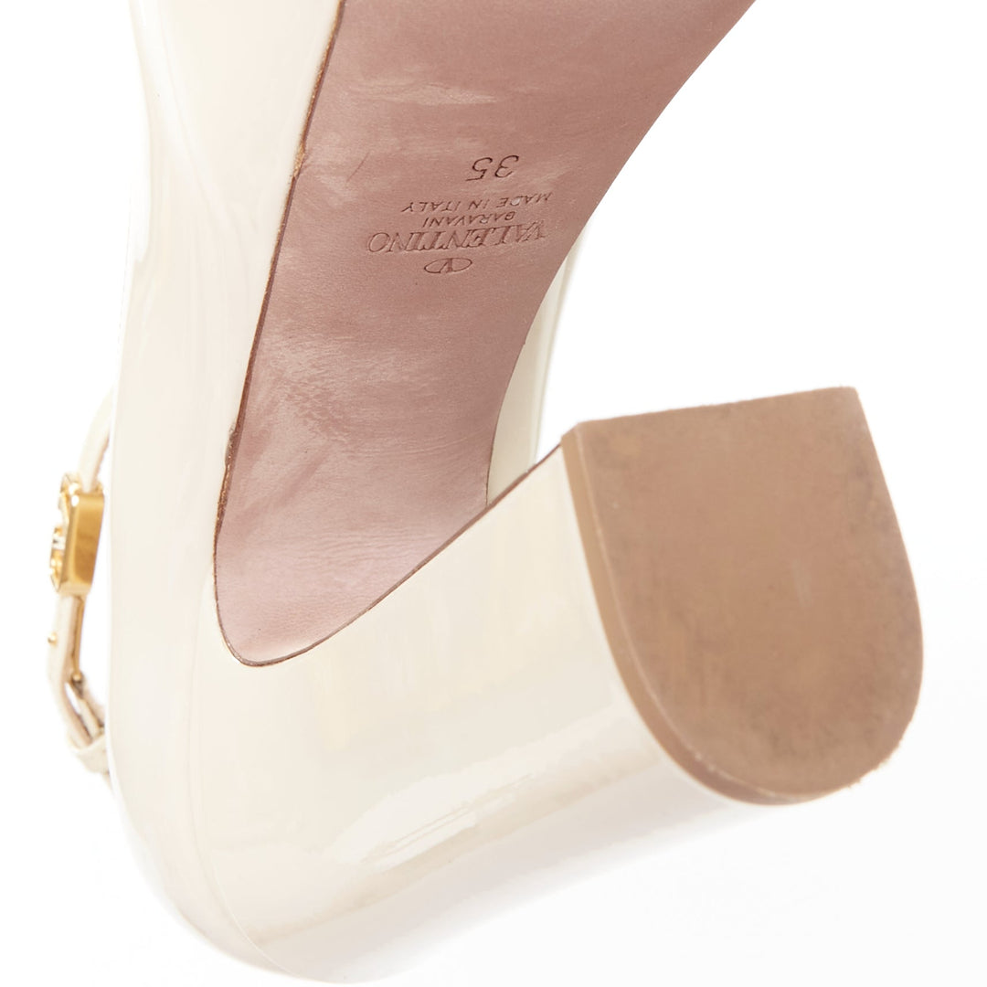 VALENTINO Tan-Go cream patent leather V logo strap platform pumps EU35