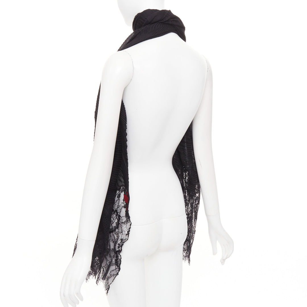 VALENTINO black cashmere bend pleated delicate floral lace trim long scarf