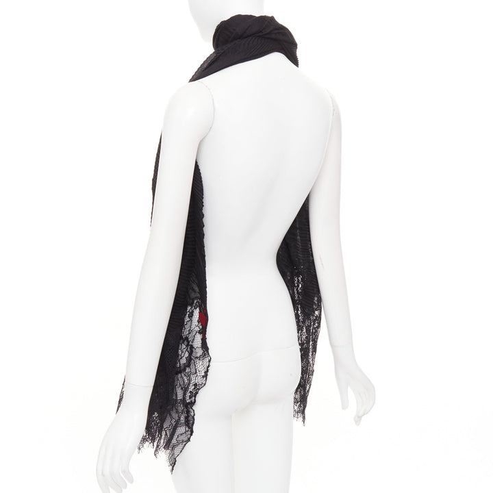 VALENTINO black cashmere bend pleated delicate floral lace trim long scarf