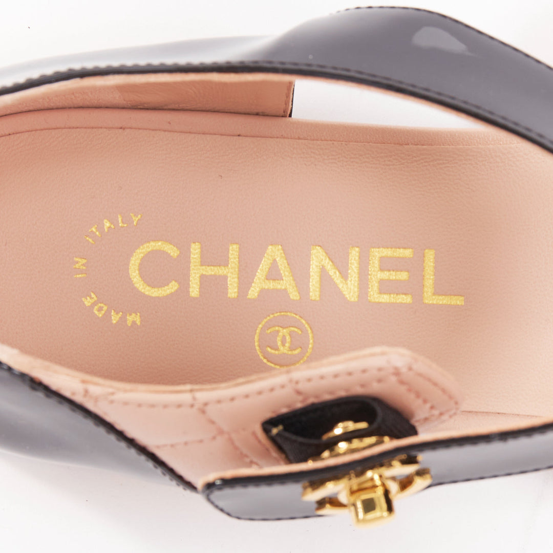 CHANEL 2022 pink quilted leather  black patent turnlock CC mary-janes EU39.5