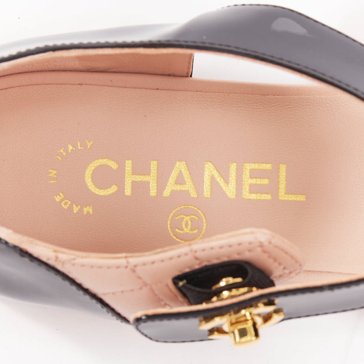 CHANEL 2022 pink quilted leather  black patent turnlock CC mary-janes EU39.5