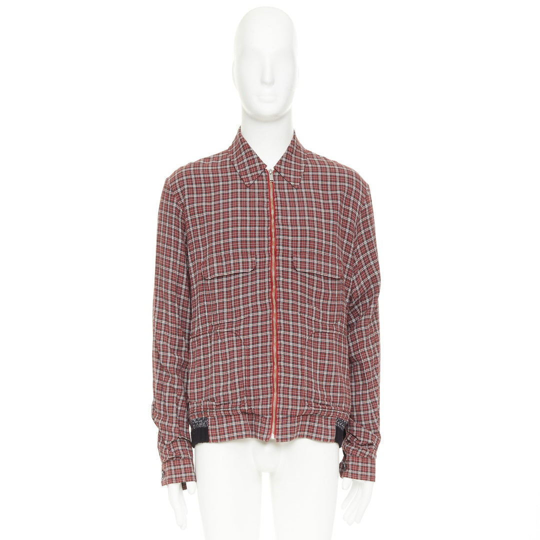 UNDERCOVER red plaid check  grey wool rib trim zip up bomber shirt JP4 XL