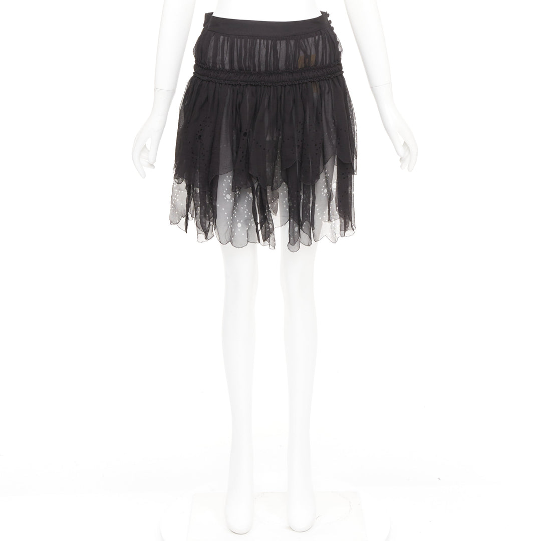 JOHN GALLIANO Gonna black 100% shirred silk laser cut holes prairie skirt FR36 S