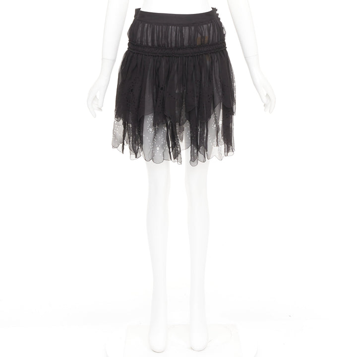 JOHN GALLIANO Gonna black 100% shirred silk laser cut holes prairie skirt FR36 S