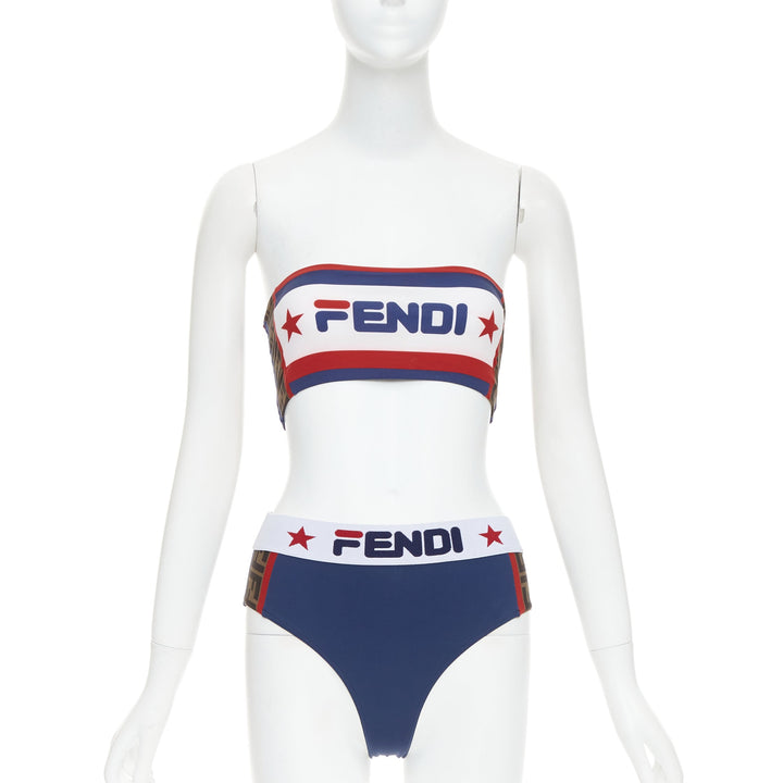 FENDI FILA blue red white logo star colorblock bandeau bikini swim set IT36 XXS