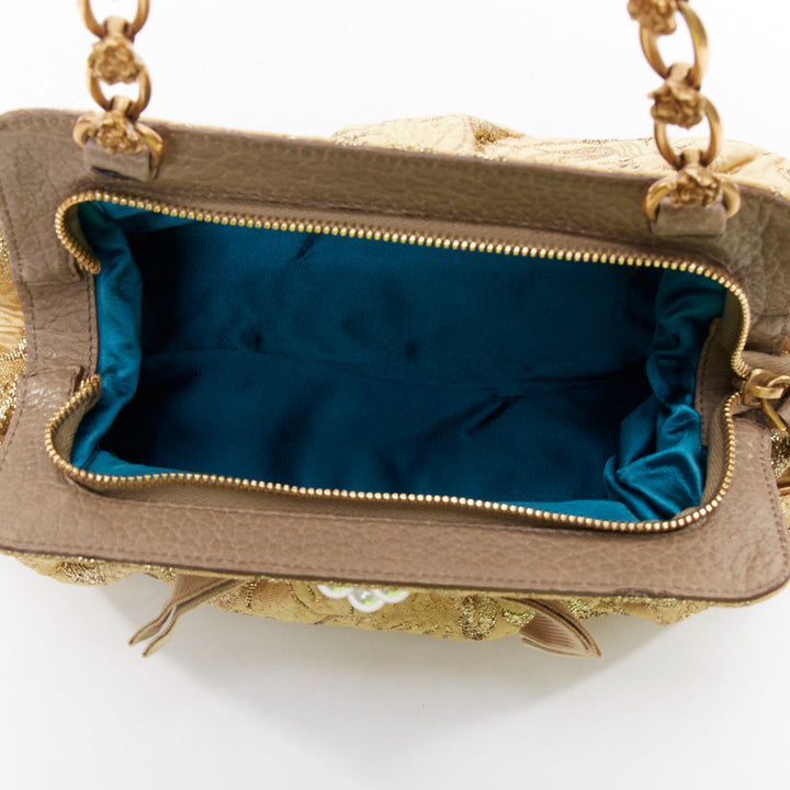 DOLCE GABBANA gold metallic floral jacquard rosette chain shoulder bag