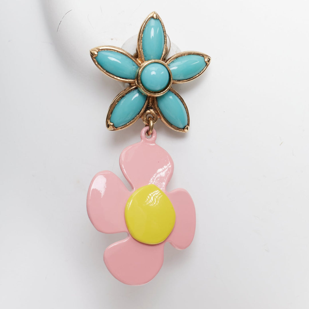 SAINT LAURENT 2021 Runway turquoise stone pink daisy enamel clip earrings Pair