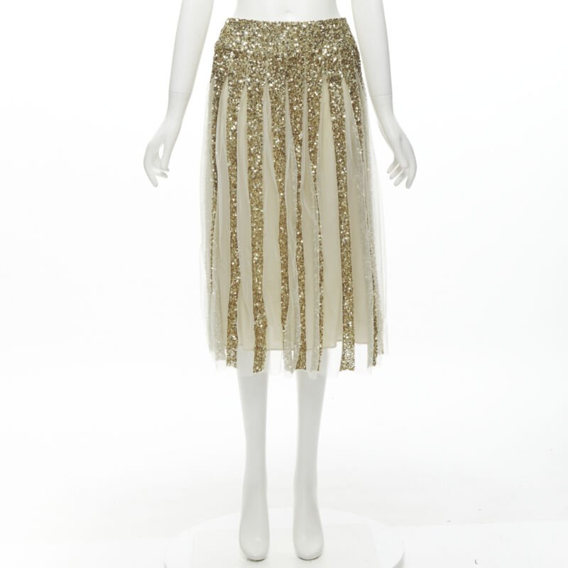 ALICE OLIVIA gold bling sequins sheer nude panel midi skirt US0 XS