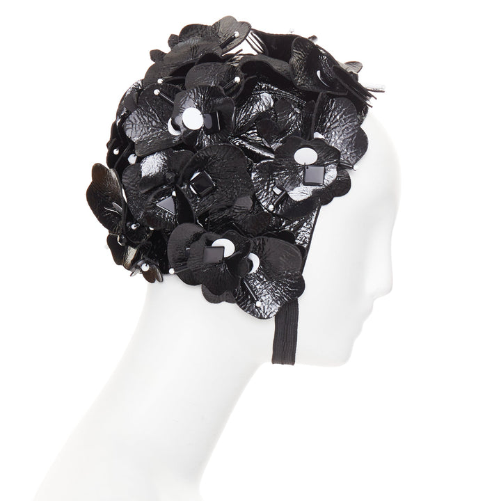 MIU MIU 2017 Runway black patent leather petals beaded retro swim cap hat S