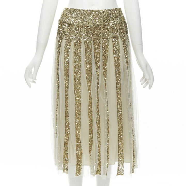 ALICE OLIVIA gold bling sequins sheer nude panel midi skirt US0 XS