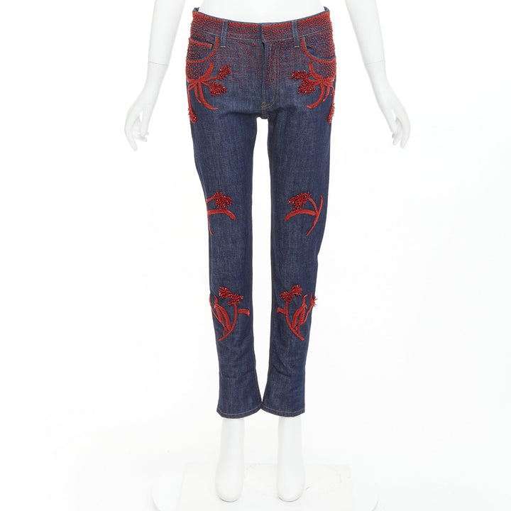PRADA 2017 Runway red beaded floral embellishment straight leg cropped jeans 25"