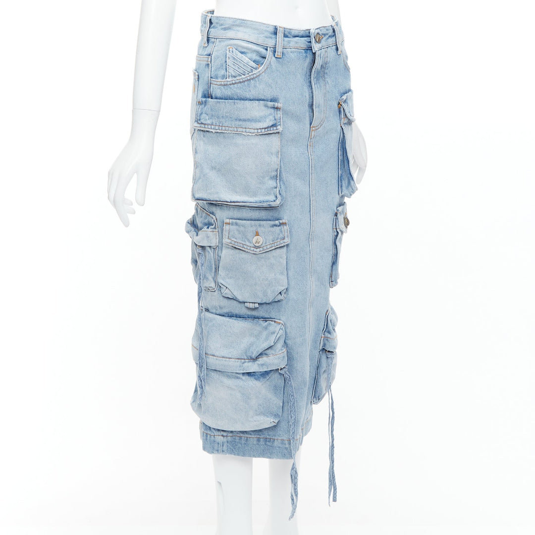 THE ATTICO blue washed denim multi pocket cargo midi skirt 24"