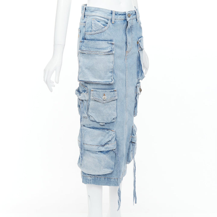 THE ATTICO blue washed denim multi pocket cargo midi skirt 24"