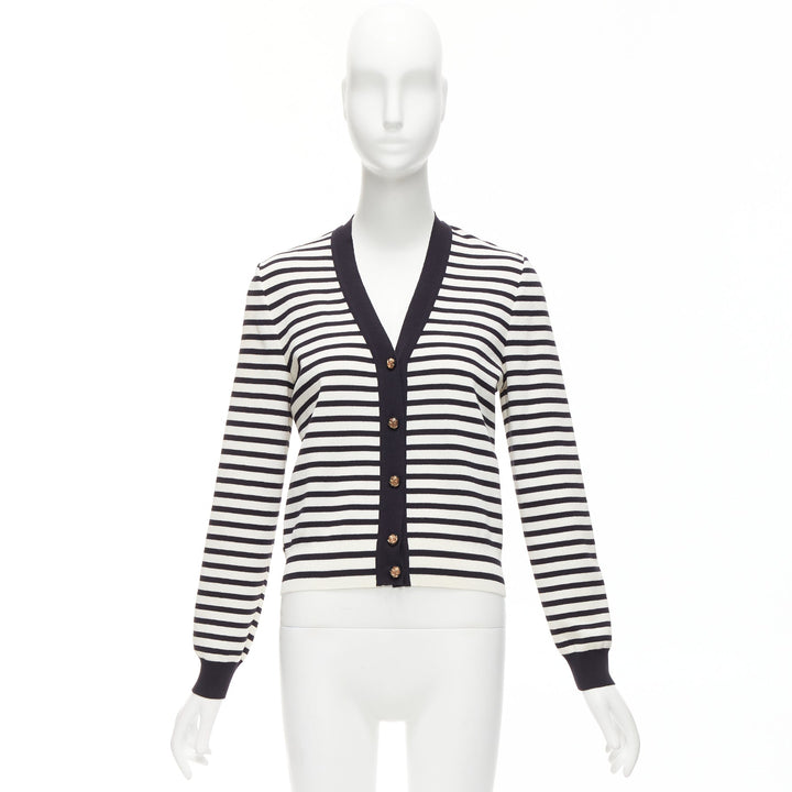 CHANEL black white striped cotton blend gold CC buttons cardigan FR38 M