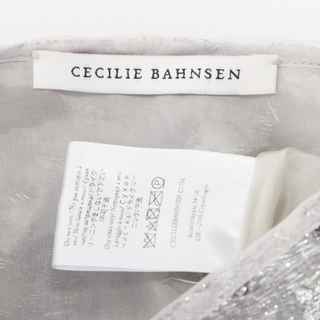CECILIE BAHNSEN 2021 silver metallic cloque overlay flared midi skirt UK6 XS
