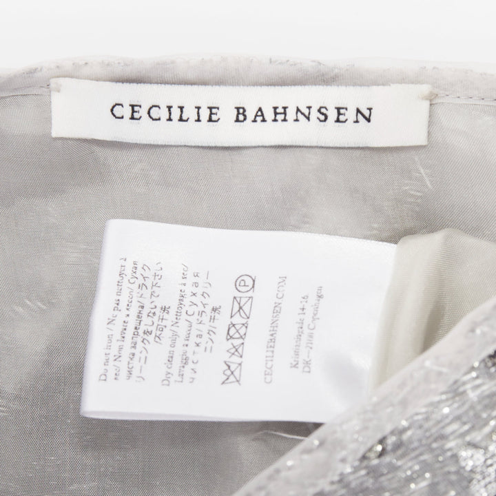 CECILIE BAHNSEN 2021 silver metallic cloque overlay flared midi skirt UK6 XS