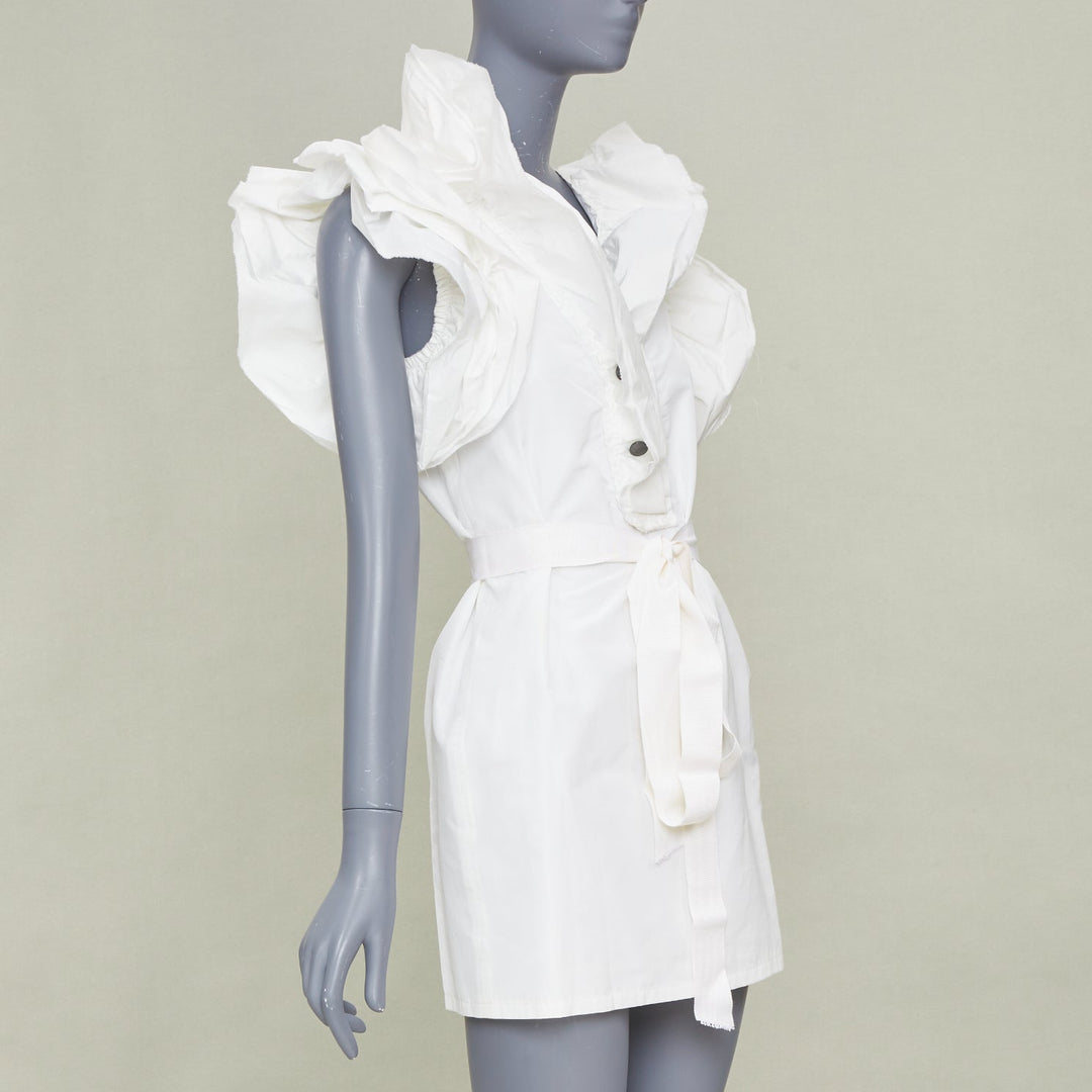 LANVIN 2008 Runway bridal white cotton wrap tiered ruffle sleeve dress FR36 S