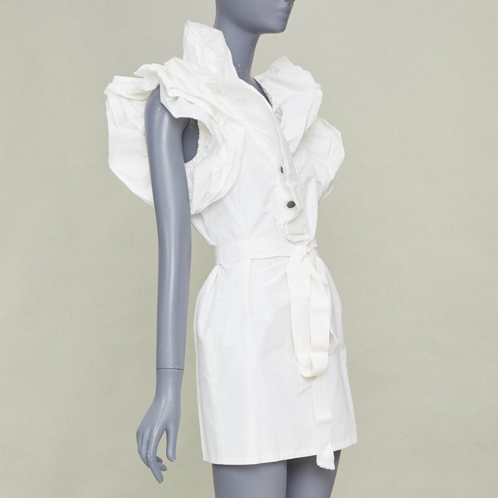 LANVIN 2008 Runway bridal white cotton wrap tiered ruffle sleeve dress FR36 S