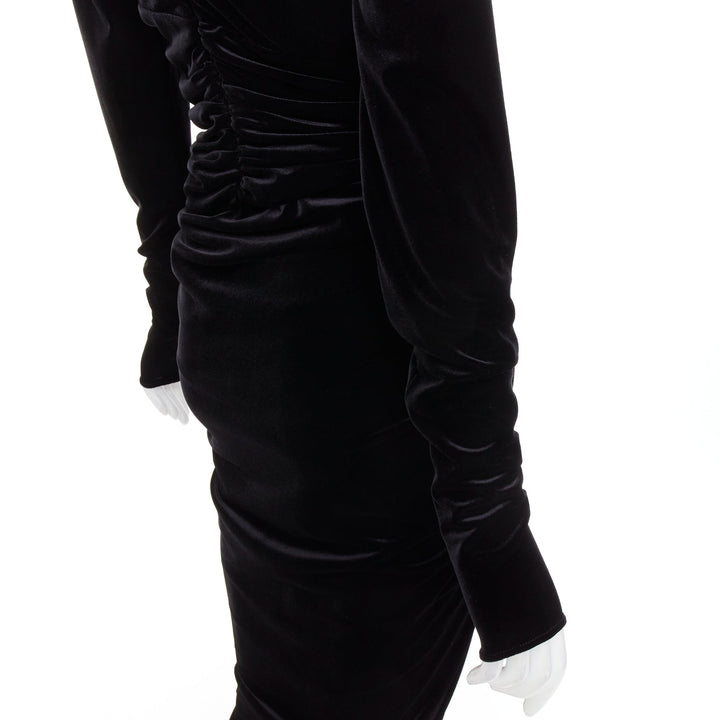 ALEXANDRE VAUTHIER black velvet Power shoulder padded wrap drape slit gown dress