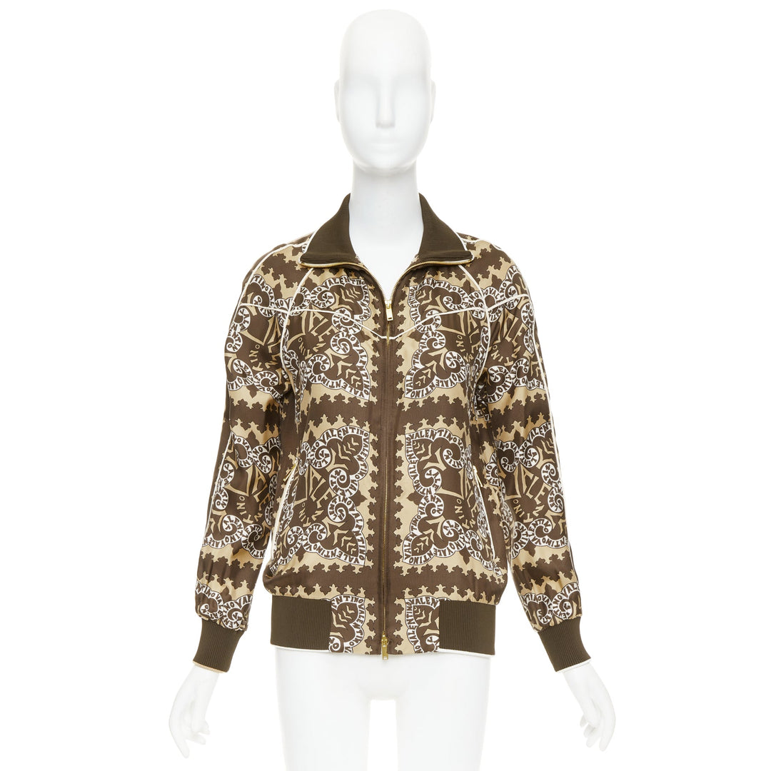 VALENTINO brown hue 100% silk logo scarf print collared track jacket IT38 XS