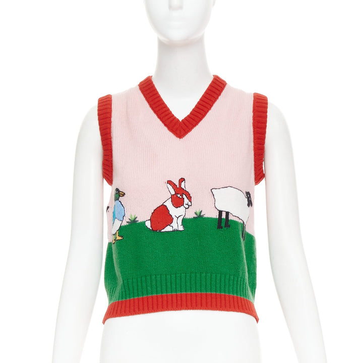 GUCCI 2017 pink green farmyard animal intarsia wool knit sweater vest XS