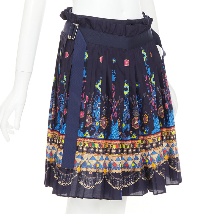 SACAI 2017 navy multicolor circus print belted pleated wrap skorts JP1 S