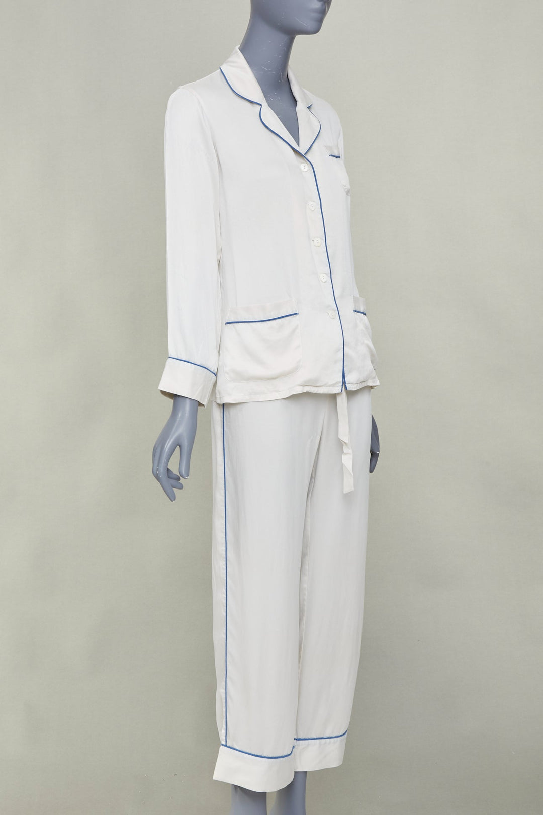 OLIVIA VON HALLE Coco ivory off white blue piping silk sleepwear set Sz1 S