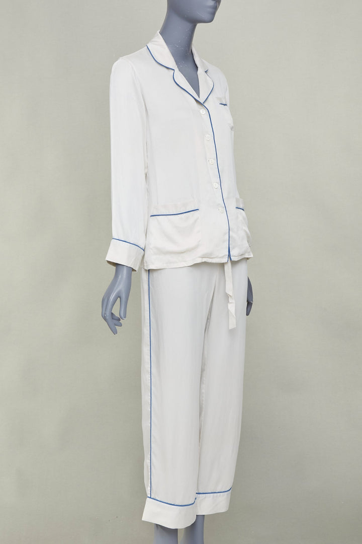 OLIVIA VON HALLE Coco ivory off white blue piping silk sleepwear set Sz1 S