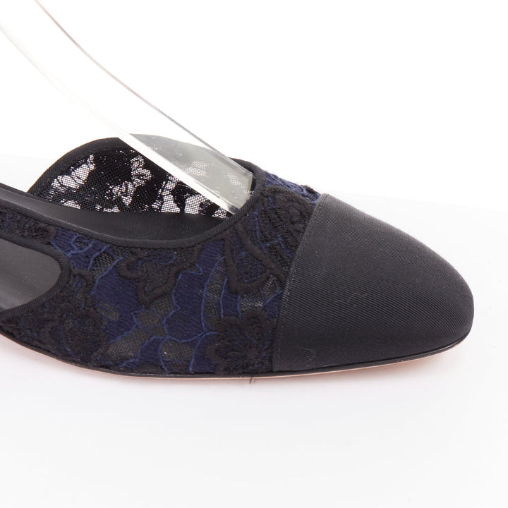CHANEL navy black lace silver CC logo lace grosgrain slingback ballet flat