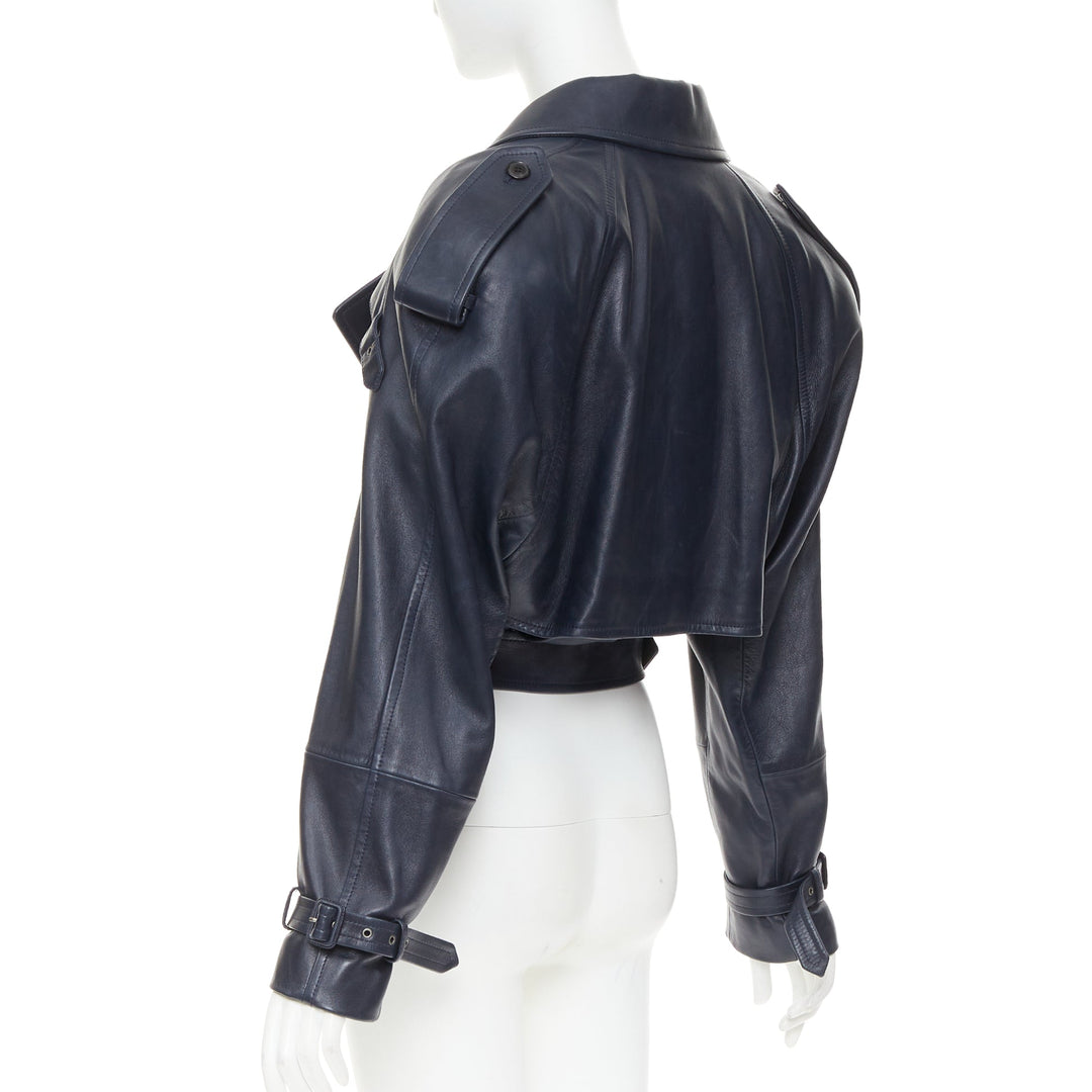 SAINT LAURENT 2023 Runway navy blue lambskin Power belted cropped biker jacket