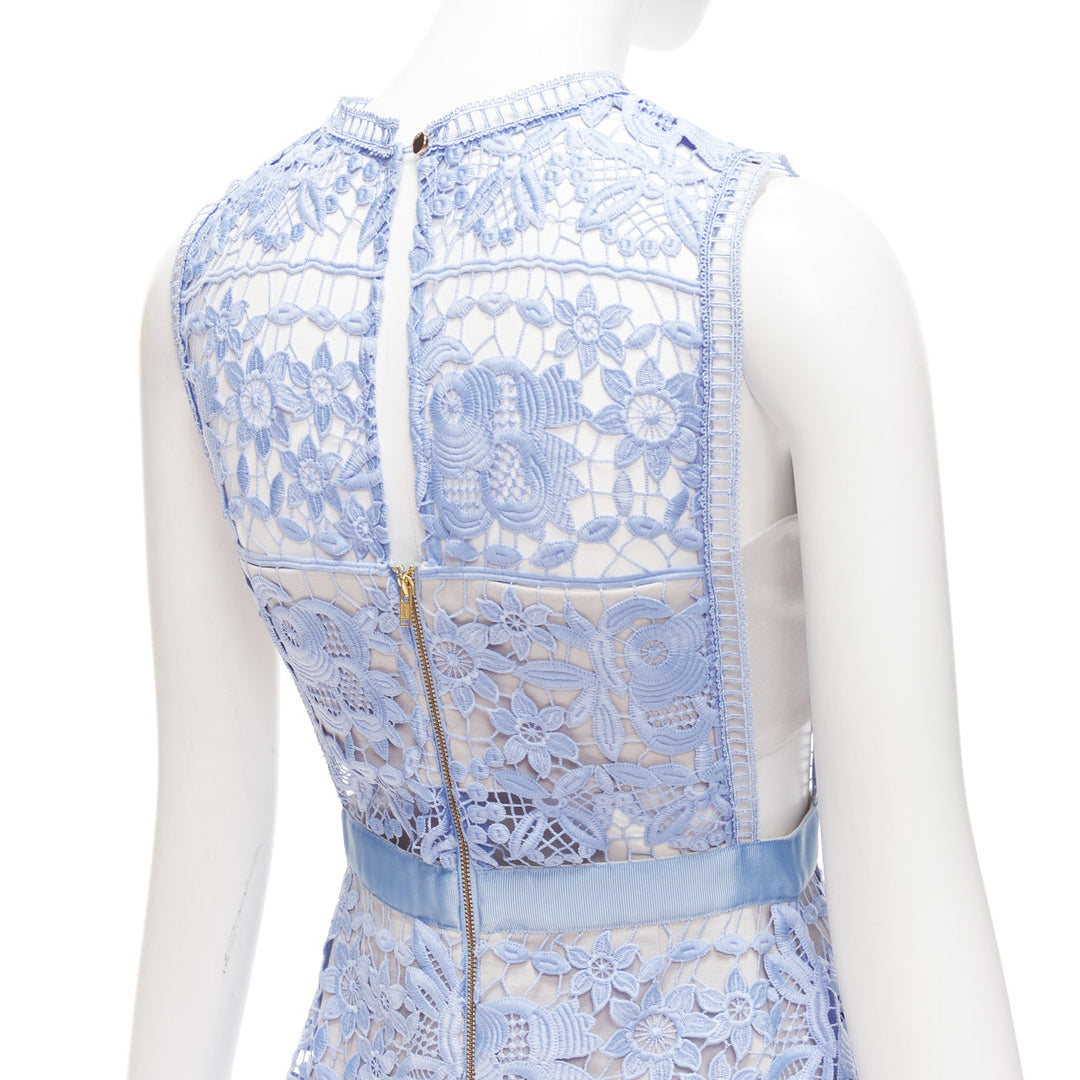 SELF PORTRAIT blue Guipure Lace grey overlay bandeau cut out dress UK10 M