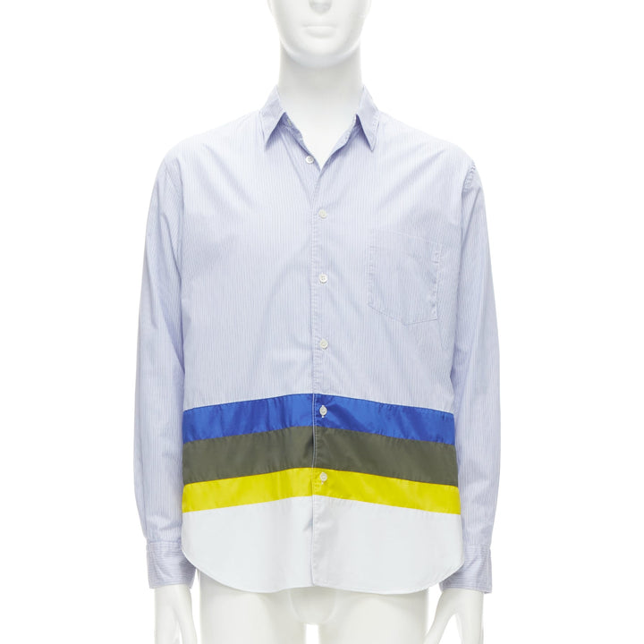 COMME DES GARCONS HOMME 2017 nylon patchwork hem blue pinstriped cotton shirt M