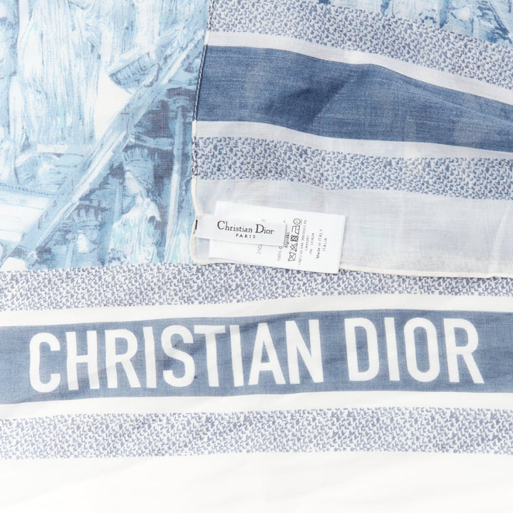 CHRISTIAN DIOR Riviera blue 100% cotton CD logo statues print square scarf