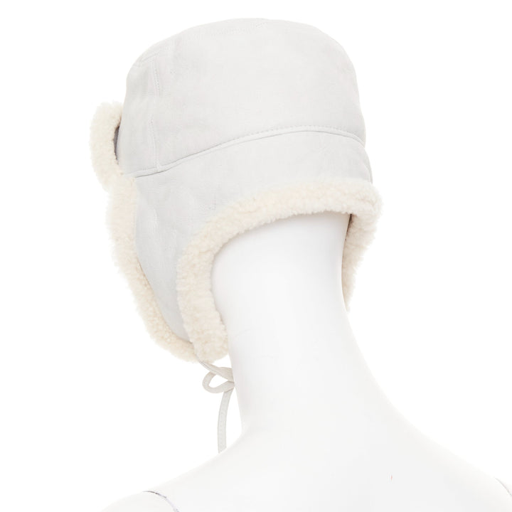 HERMES Mouton Moelluex light grey lambskin suede shearling trapper hat 56cm