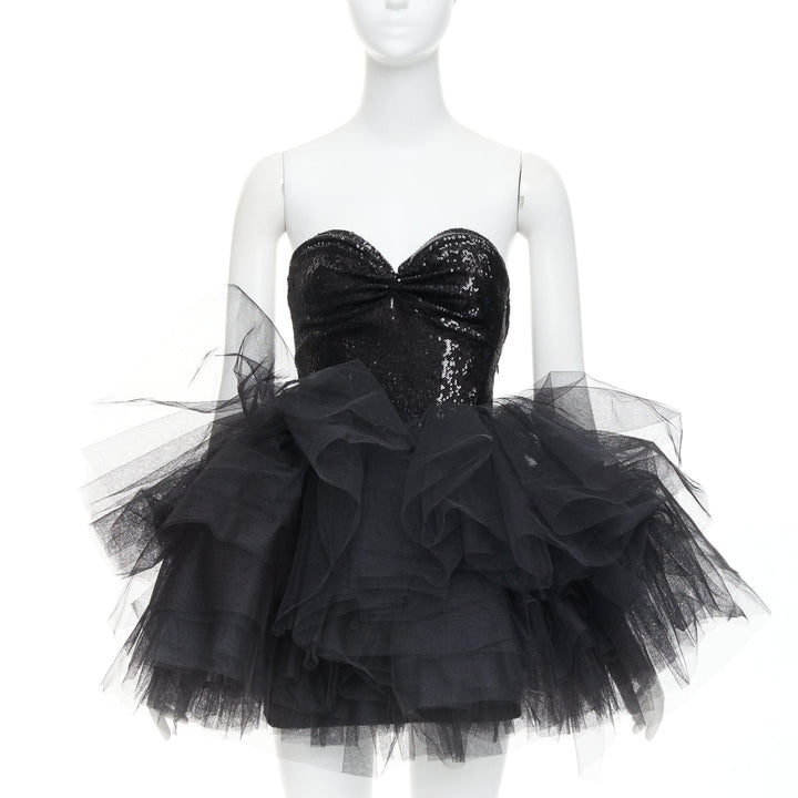 ALEXANDRE VAUTHIER black sequin sweetheart ballerina tulle skirt mini dress