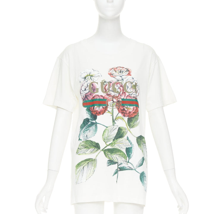 GUCCI Alessandro Michele white floral bloom vintage logo green red web tshirt XS