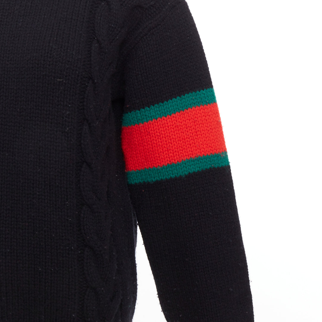 GUCCI 2021 black wool red green trim cable braid crew neck sweater XS