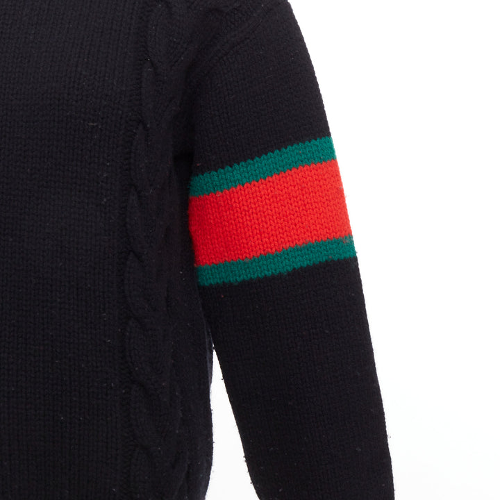 GUCCI 2021 black wool red green trim cable braid crew neck sweater XS