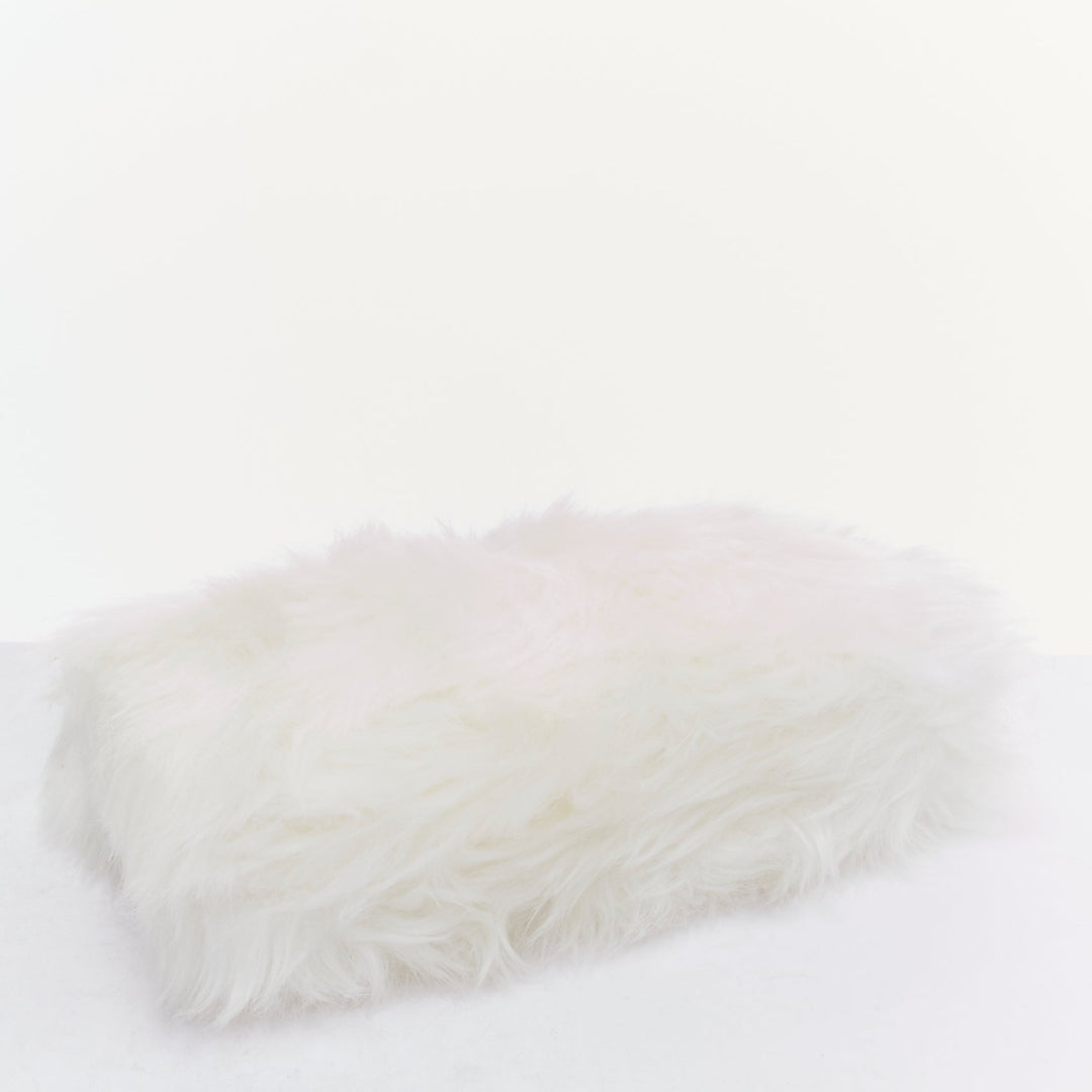 PRADA white faux fur silver triangle logo wristlet clutch bag