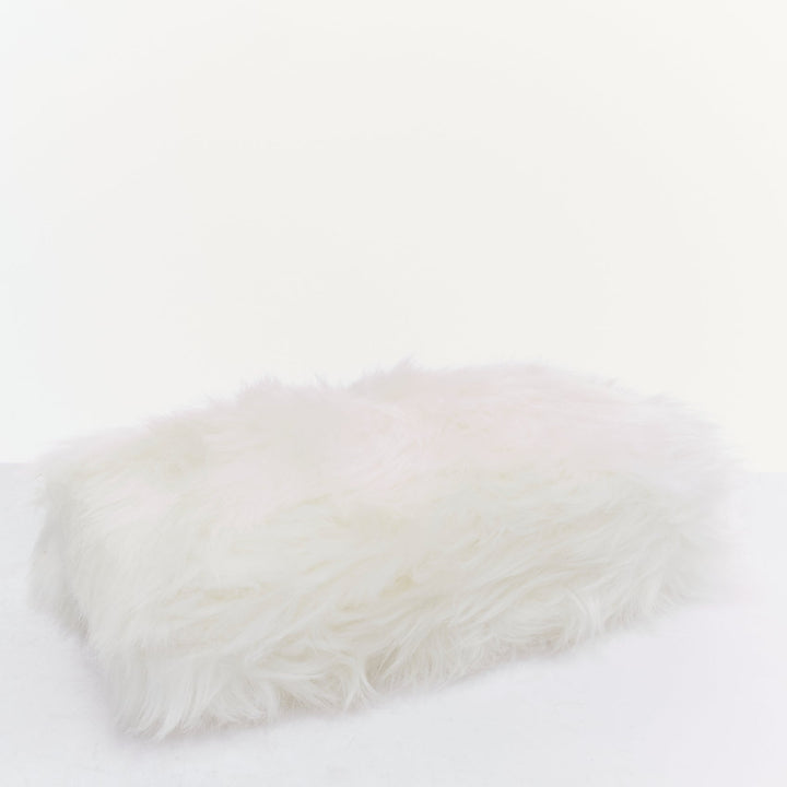 PRADA white faux fur silver triangle logo wristlet clutch bag