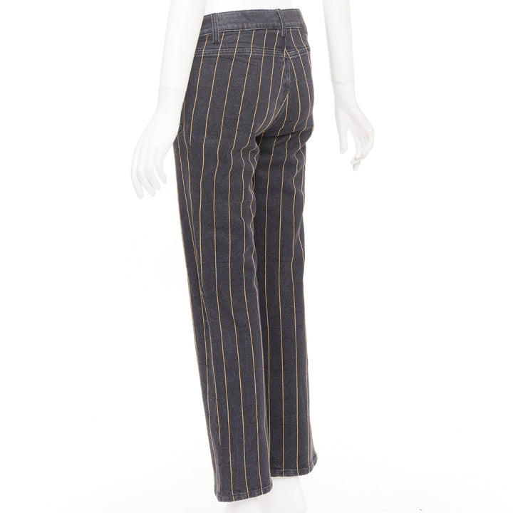 CHANEL washed dark gray gold chain trim bronze cc button straight jeans FR38 M