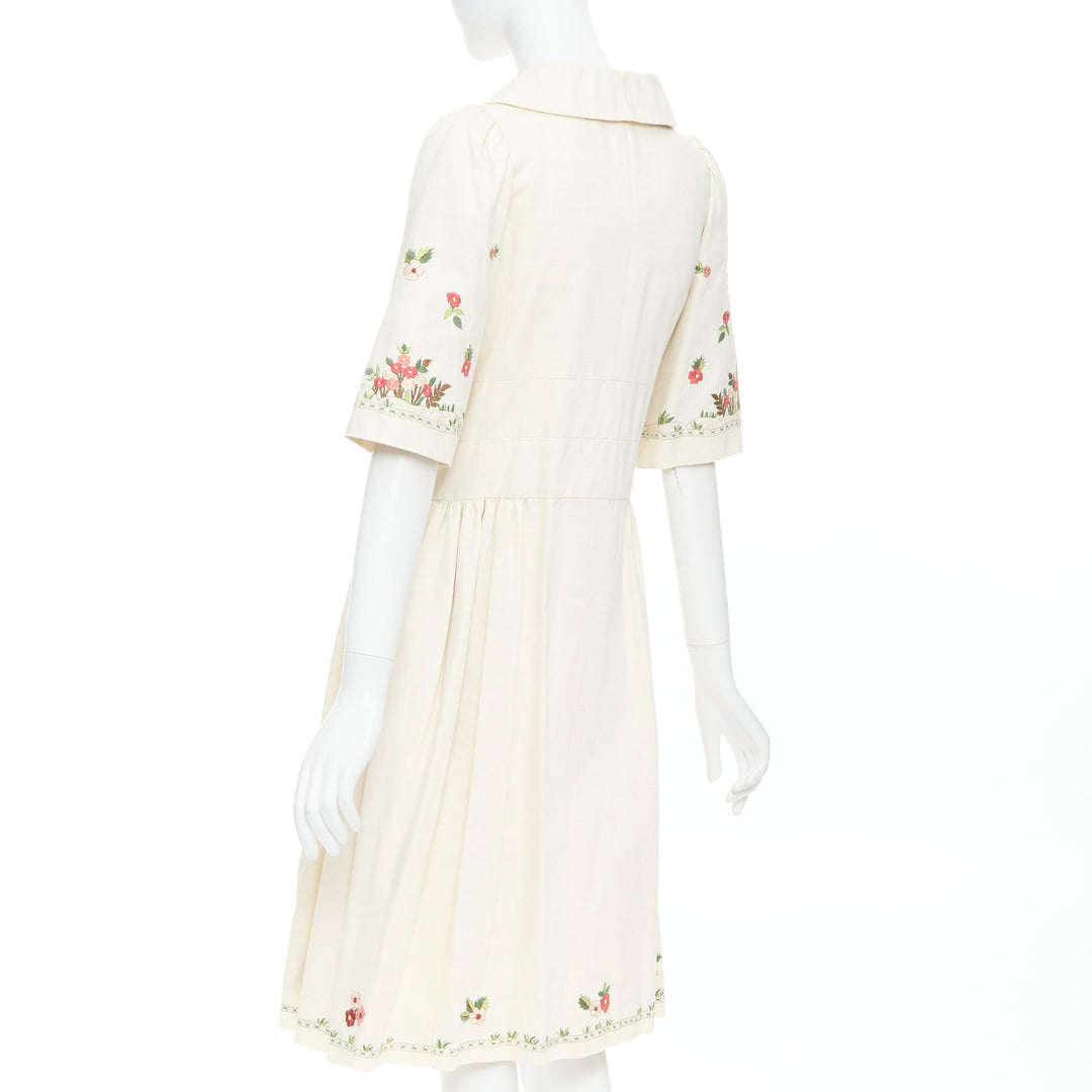 KENZO cream pink floral embroidery cotton peter pan coat dress FR38 M