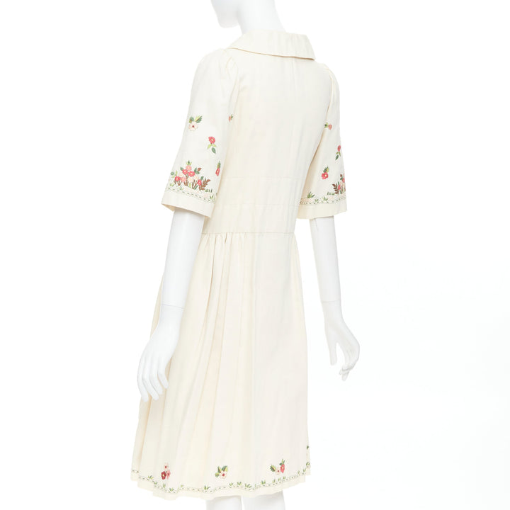 KENZO cream pink floral embroidery cotton peter pan coat dress FR38 M