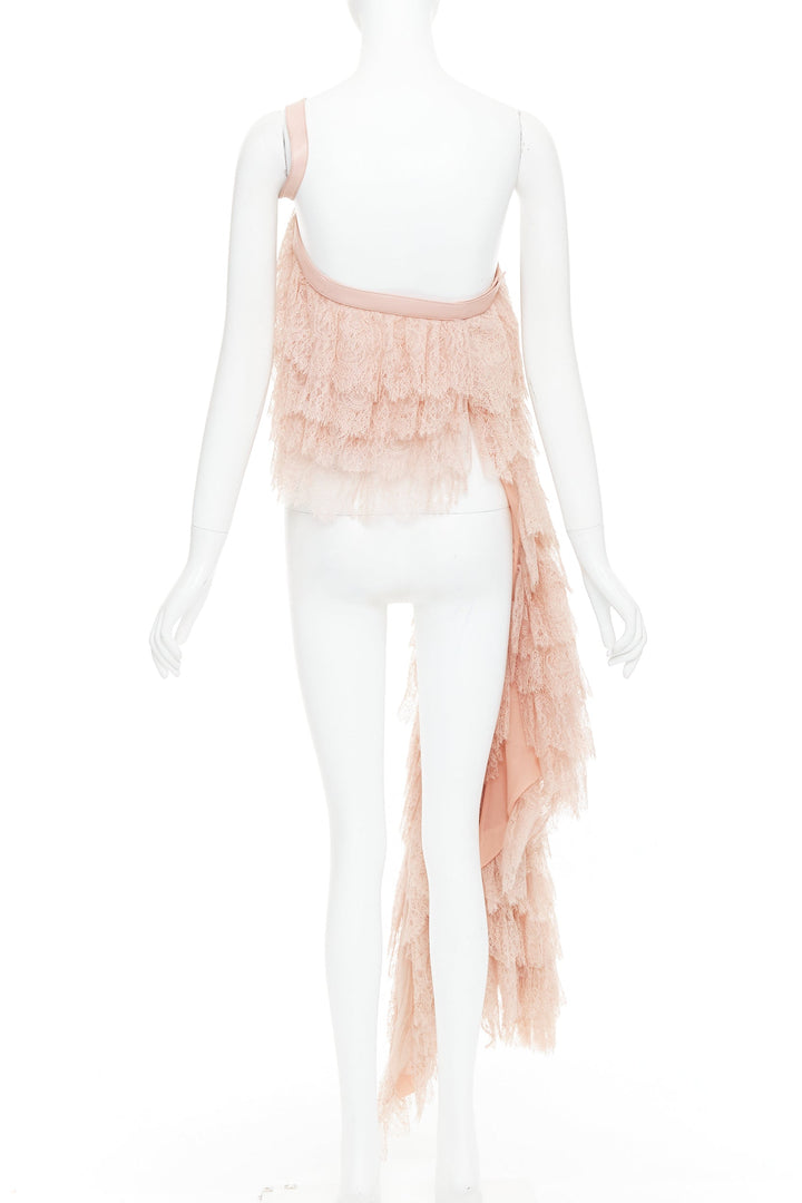 ALEXANDER MCQUEEN 2007 Runway pink lace leather cascade drape ruffle top IT38 XS