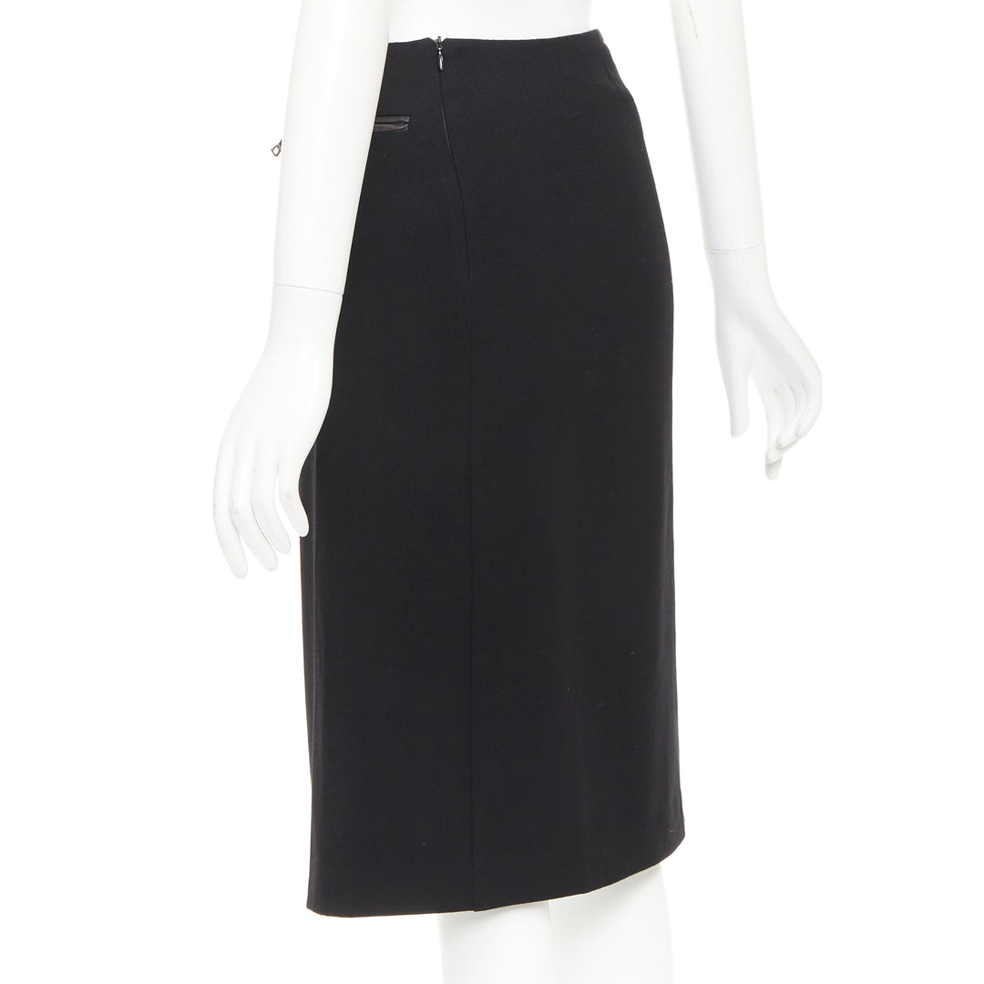 PRADA Vintage black wool minimal linear leather trim zip pocket skirt IT38 XS