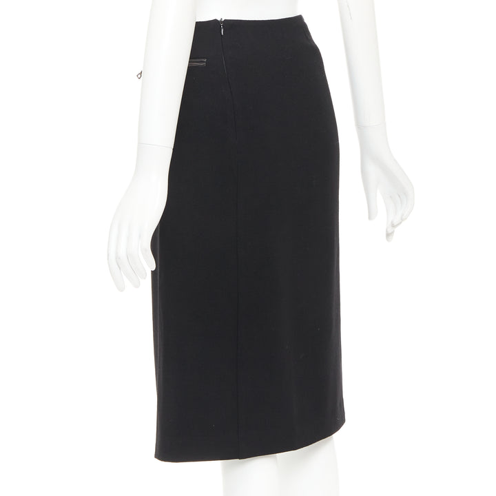 PRADA Vintage black wool minimal linear leather trim zip pocket skirt IT38 XS