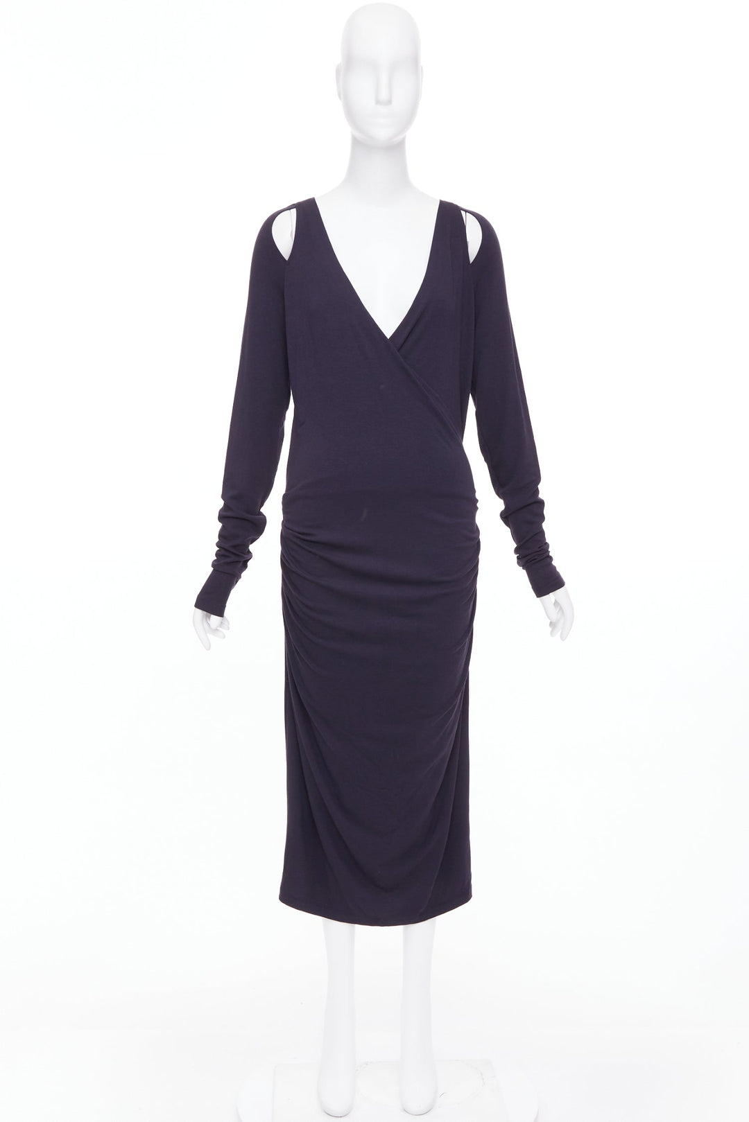 DONNA KARAN charcoal grey cold shoulder plunge V neck long sleeve dress L