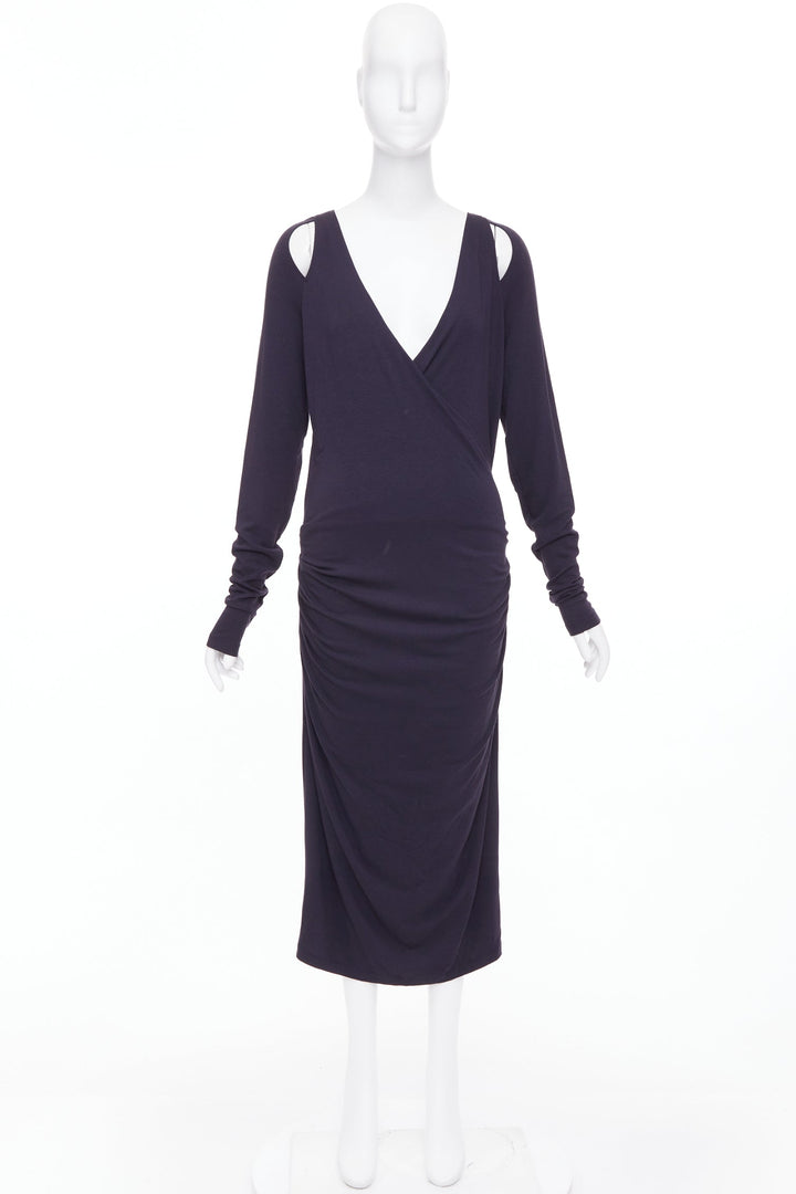 DONNA KARAN charcoal grey cold shoulder plunge V neck long sleeve dress L